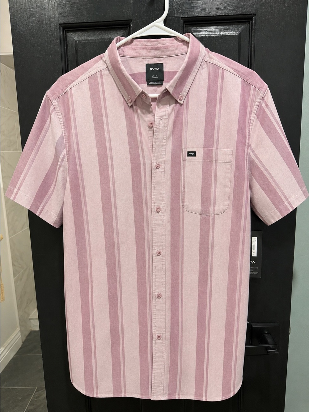 RVCA Rose and Light Pink Vertical Stripe Short Sleeve Button-Down